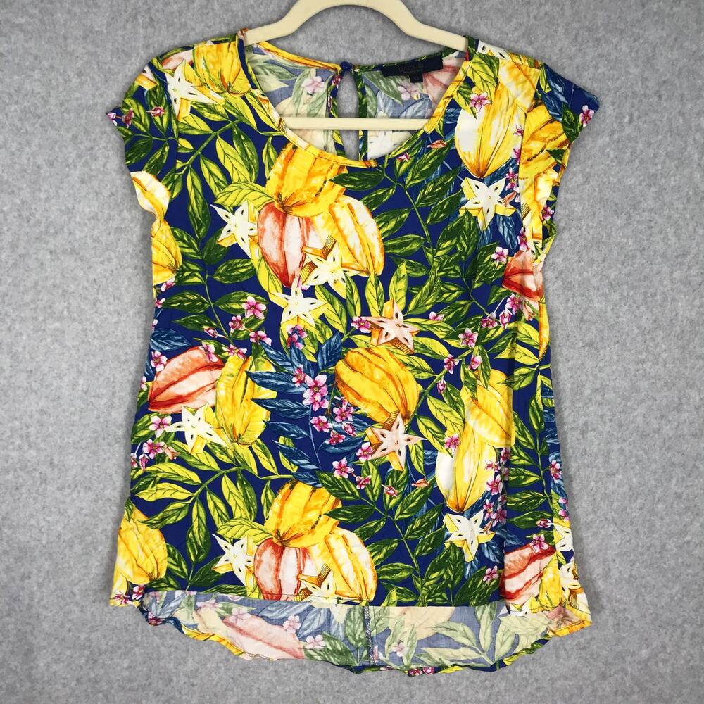 Rachel Roy Top Women XS‎ Blue Blouse Shirt Floral Tropical Resort Flowy Vacation